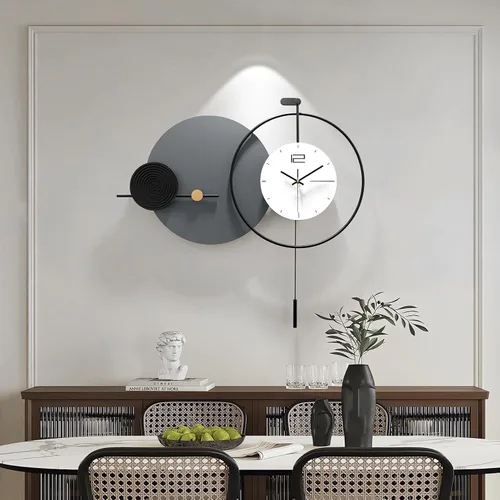 Miniatura 2 de Reloj de pared grande y moderno para sala de estar, reloj de pared decorativo silencioso a pilas con péndulo arte de pared de metal para decoración