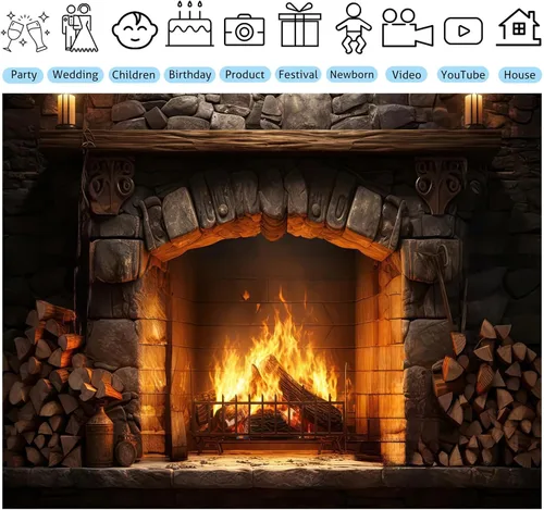 Miniatura 3 de Telón de fondo de chimenea de Navidad de 5 x 3 pies, pared de piedra vintage con llamas brillantes, fondo de fotografía para fotos familiares