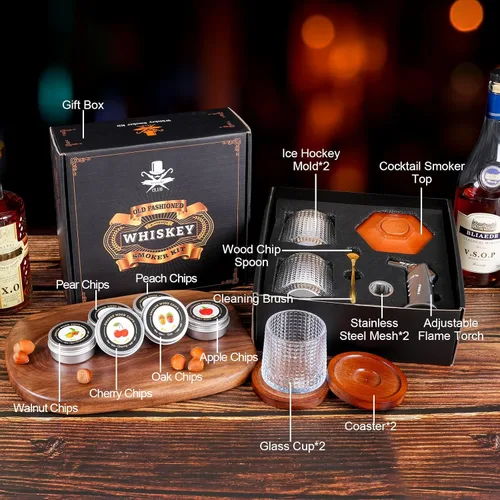 Miniatura 3 de Kit de ahumador de whisky con antorcha - chips de madera de 6 sabores, 2 vasos de whisky giratorios, 2 moldes de bolas de hielo - kit infusor