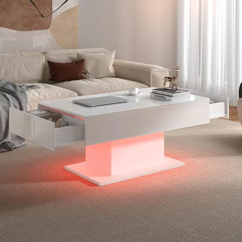 Miniatura 11 de HedoAjim - Mesa de café negra con LED y 2 cajones de almacenamiento para sala de estar, mesa rectangular de centro para sala de estar, mesas de café