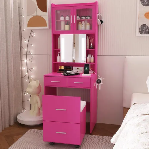 Miniatura 11 de VINGLI Tocador 3 en 1 con espejo deslizante iluminado LED y taburete acolchado sobre ruedas, pequeño tocador de maquillaje con 3 cajones y 2 Negro