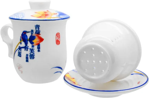 Miniatura 6 de Taza de té de porcelana con tapa de infusor y juegos de platillos – Taza de café de cerámica china Jingdezhen Taza de té de hoja suelta Sistema