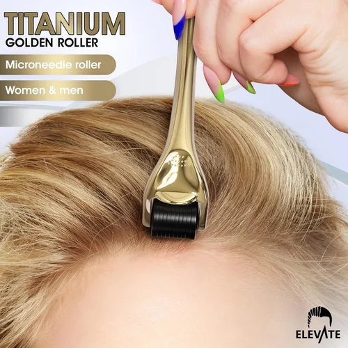 Miniatura 3 de Elevate Derma Roller 0.010 in con rodillo de microagujas de titanio 540 para mujeres y hombres, rodillo dorado para cara, piel, cabello y barba