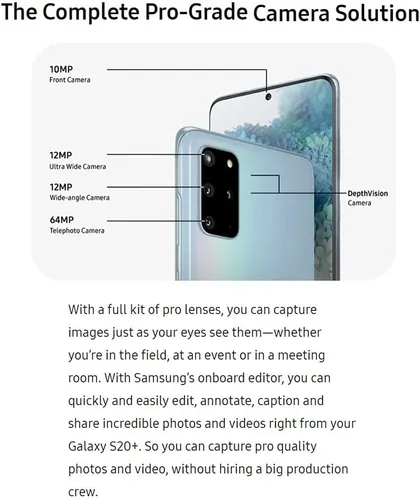 Miniatura 7 de SAMSUNG Galaxy S20+ 5G (128GB, 12GB) 6.7 pulgadas 120Hz AMOLED, Snapdragon 865, IP68 resistente al agua, modelo estadounidense totalmente Negro