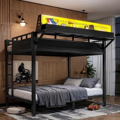 Miniatura 11 de Bellemave Twin XL Bunk Bed Frame with Storage Shelves & Pegboard, Metal Bunk Bed Twin XL with USB Ports & LED Lights, Space-Saving for Bedroom
