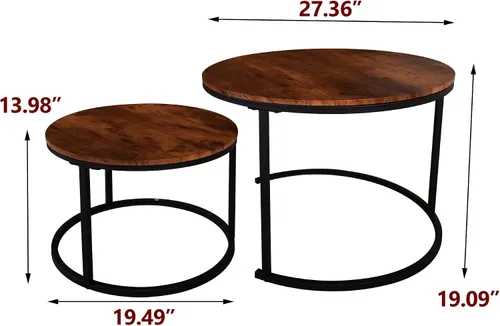 Miniatura 2 de HOMERECOMMEND Juego de 2 mesas auxiliares redondas para sala de estar, mesa auxiliar redonda de madera con marco de metal sólido recubierto de Marrón