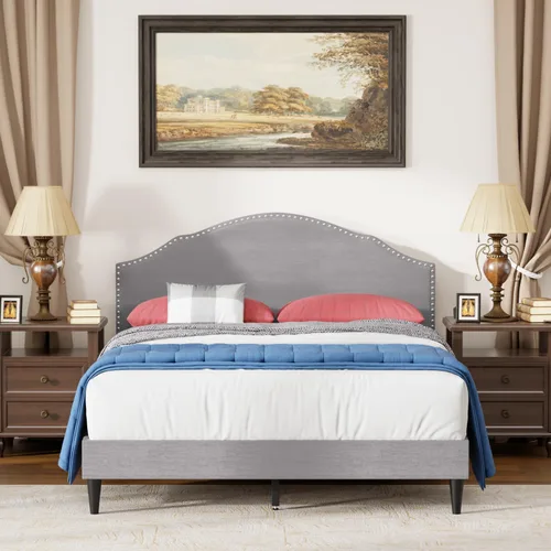 PayLessHere Base de cama tapizada de plataforma completa con cabecera de tela y soporte de listones de madera, totalmente tapizado, no necesita Gris