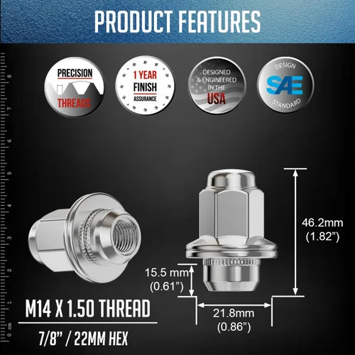 Miniatura 3 de Wheel Accessories Parts 20 tuercas de llanta M14x1.5 14x1.5 rosca OEM estilo fábrica 1.8 pulgadas de largo cromadas 7/8 pulgadas 0.866 in Cromado