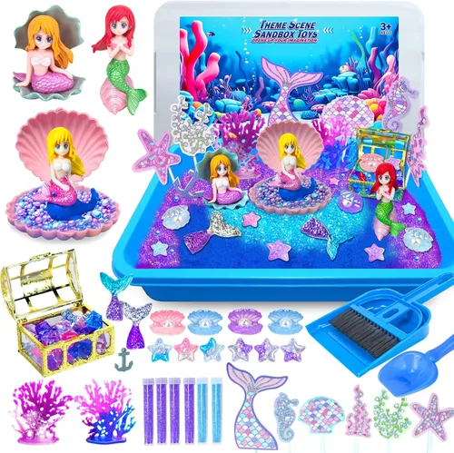 Hymaz Cubo sensorial de sirena, kit de arte de arena con arena sensorial de 2.2 libras, concha de perla de mar y accesorios del tesoro, caja de
