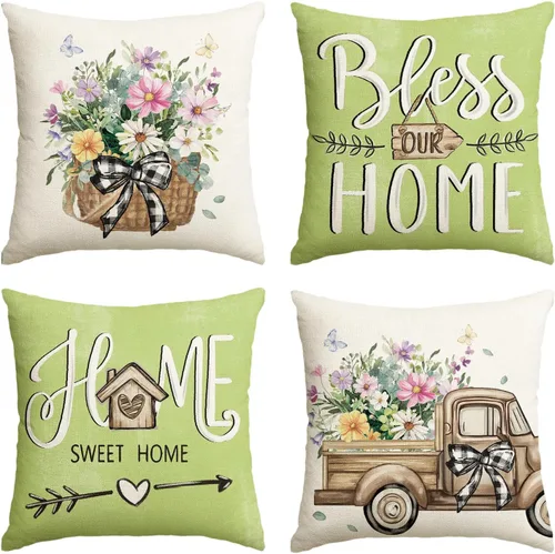 Miniatura 17 de AVOIN colorlife - Fundas de cojín estilo granja con mensaje Bless Our Home, diseño de hojas de eucalipto y camión azul Home Sweet Home, 16 x 16