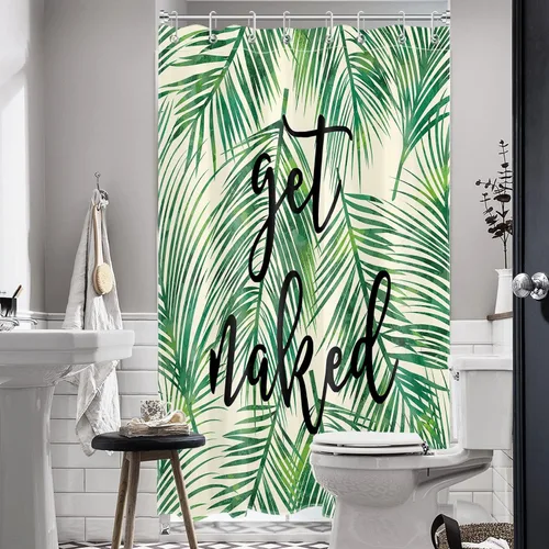Miniatura 3 de LB Cortina de ducha de plantas de hojas verdes tropicales, citas divertidas y hojas de palma en cortinas de ducha beige para baño, tela de poliéster