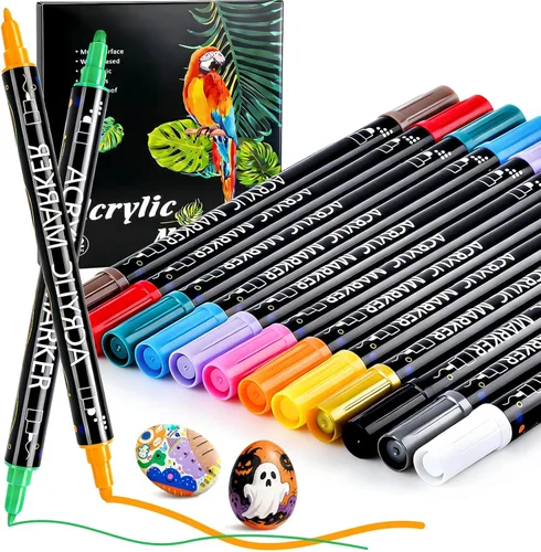 Juego de marcadores de pintura acrílica, marcadores de pintura acrílica de doble punta, punta fina y punta de punto para suministros de arte,