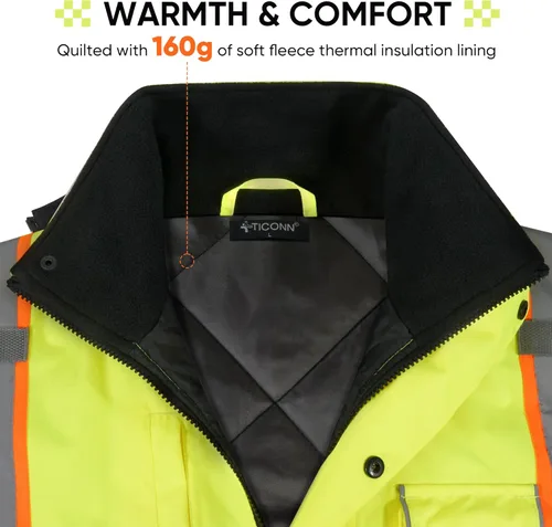 Miniatura 4 de TICONN Waterproof Safety Bomber Jacket, Winter Rain Jacket Hi Vis Reflective, ANSI Class 3 Work Rain Coat Amarillo y negro