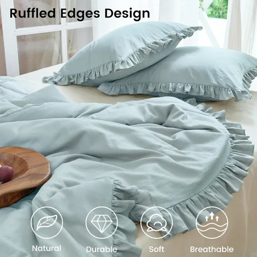 Miniatura 5 de Simple&Opulence Juego de funda de edredón de algodón de lino con volantes, 3 piezas, ropa de cama con textura suave con bordes decorativos