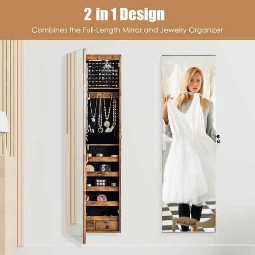 Miniatura 20 de Giantex Armario de joyería para puerta de pared con espejo de longitud completa, 2 LED con cerradura grande organizador de joyas con espejo ancho