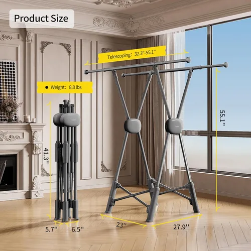 Miniatura 6 de BIREN Estante de secado de ropa resistente, estante plegable para ropa sucia, dos modos de secado, estantes para secar ropa, longitud ajustable