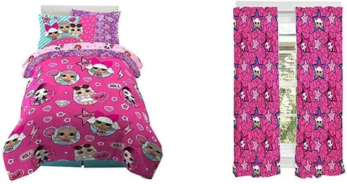 Franco LOL Surprise Bedding Juego de edredón y sábanas súper suaves con funda, 5 piezas tamaño individual | LOL Surprise Juego de cortinas de