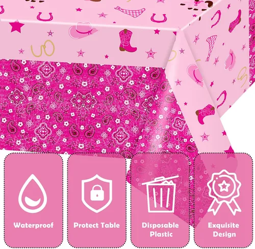 Miniatura 2 de Mantel de plástico de vaquera occidental, mantel rectangular de fieltro rosa, mantel rectangular desechable impermeable para suministros de fiesta