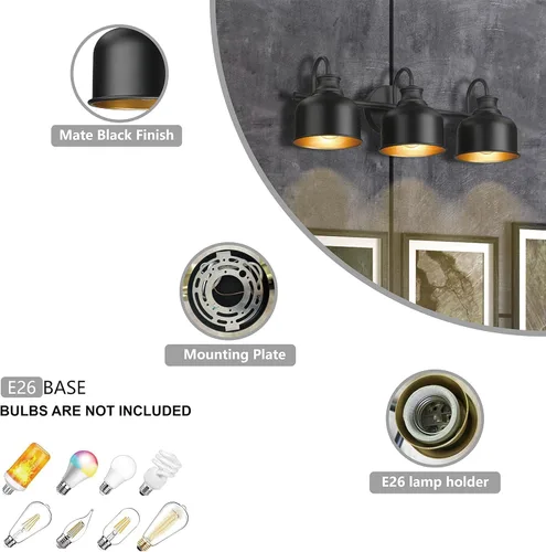 Miniatura 2 de Aplique de 3 luces para tocador de baño, aplique de pared de granja, luces de granero con pantalla de metal negro mate, lámpara de pared exterior