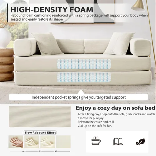 Miniatura 4 de Sofá cama plegable convertible 4 en 1, sofá de 78 pulgadas sin estructura rígida con marco de forma fija, sofá biplaza de pana con cama extraíble