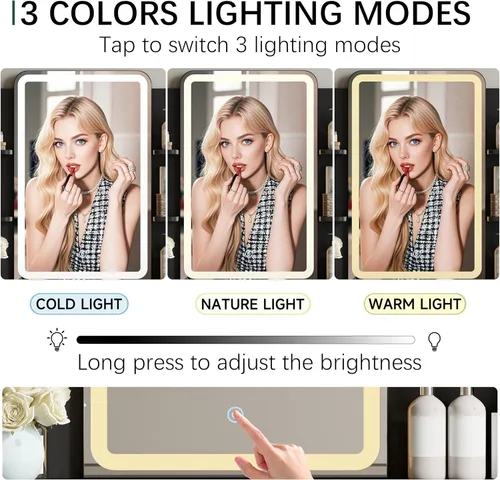 Miniatura 4 de Escritorio de maquillaje acanalado con espejo y luces, tocador blanco moderno de 42 pulgadas para espacios pequeños, tocador blanco con 5 cajones