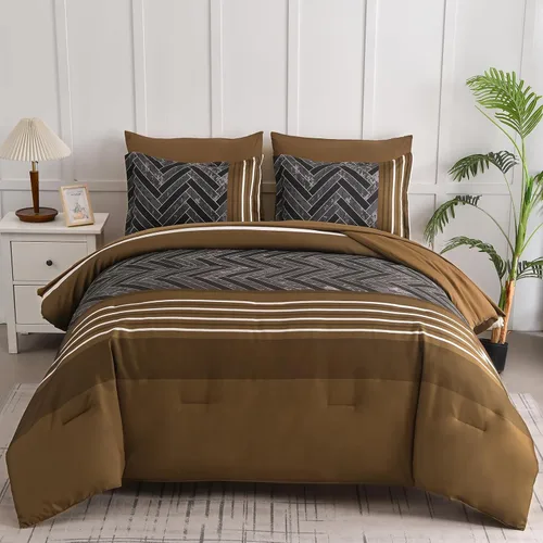Miniatura 8 de Luxudecor Juego de Edredón Negro Tamaño King, 7 Piezas Cama en una Bolsa de Rayas Geométricas, Juego de Edredón Geométrico y Sábanas, Juego Completo