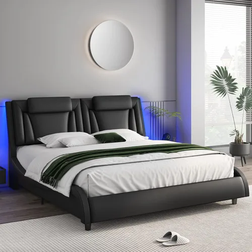 Miniatura 3 de Keyluv Armazón de cama moderno tapizado con plataforma con cabecera LED ajustable y diseño de curva ondulada y soporte de listones de madera sólida