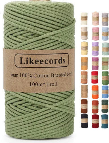 Miniatura 77 de Cordón de Algodón Trenzado 3mm x 109 yardas - Cuerda de Macramé Colorida para Manualidades, Ganchos, Colgantes de Pared - 100% Algodón Natural