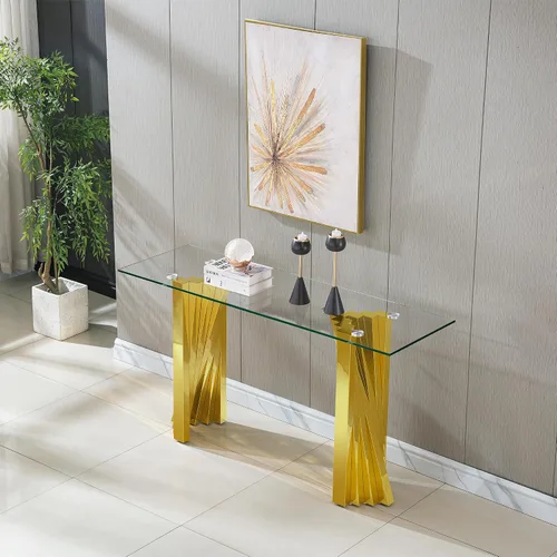 Miniatura 117 de Mesa de centro de cristal de lujo, mesa de centro de sofá de 47 pulgadas con marco de acero inoxidable dorado y parte superior de vidrio negro, mesa