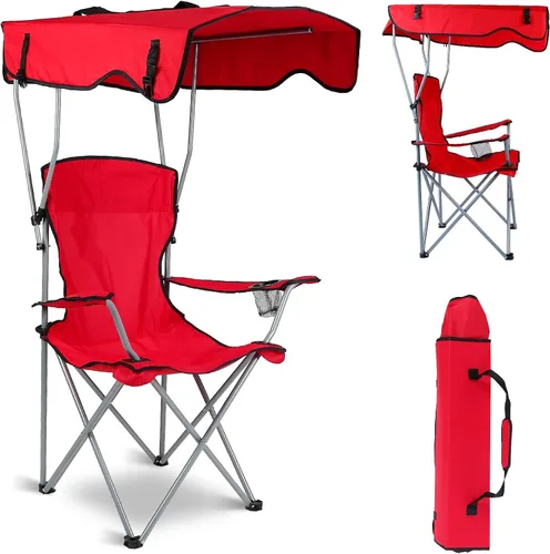 Silla de camping con dosel, silla plegable al aire libre con pantalla ajustable y soporte para tazas, silla de playa resistente para adultos, Rojo
