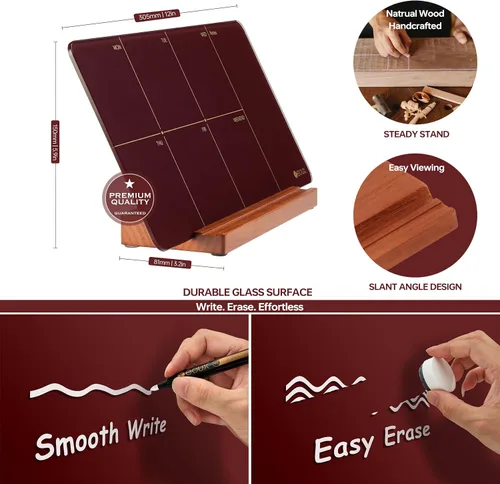 Miniatura 6 de Pizarra semanal de cristal de borrado en seco con soporte de madera desmontable, rojo burdeos, pequeño calendario de escritorio para planificar Rojo