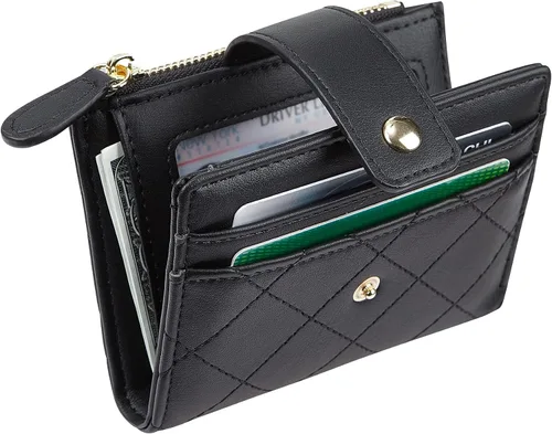 Miniatura 56 de Cartera de cuero para mujer, pequeña, compacta, plegable, con bolsillo para monedas con cremallera