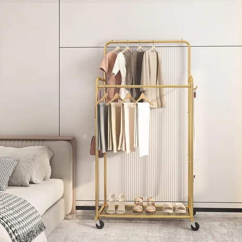 Miniatura 2 de Simple Trending - Perchero para ropa de doble varilla, estante resistente con ruedas para colgar ropa, con 4 ganchos, color dorado