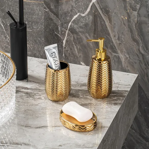 Miniatura 3 de Accesorios de baño dorados 3 piezas de accesorios de baño elegantes, dispensador de jabón dorado, bomba dispensadora de jabón, vaso y jabonera