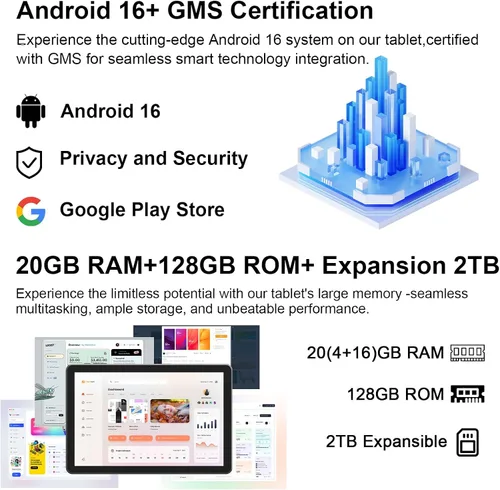 Miniatura 5 de CUPEISI Tablet Android 16 de 10 pulgadas, 20 GB de RAM+128 GB de ROM/2 TB expandible, procesador octa-core de 2.0 GHz, pantalla HD de 1280 x 800