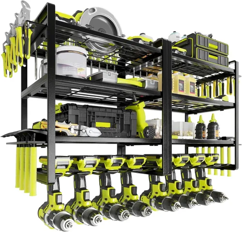 Miniatura 7 de KAFAHOM Organizador de herramientas eléctricas, soportes para taladros de 4 capas para montaje en pared, organizadores de metal resistente y estante