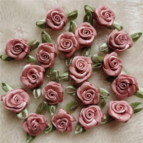 Miniatura 9 de 100 unids/lote de mini rosas hechas a mano con cinta de raso artificial para decoración de bodas, accesorios de costura (albaricoque)