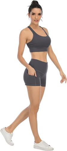 Miniatura 4 de CHRLEISURE Paquete de 4 pantalones cortos de yoga de elastano con bolsillos para mujer, pantalones cortos de entrenamiento de cintura alta
