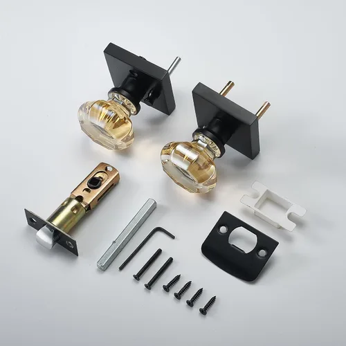 Miniatura 5 de Pomo de puerta de cristal dorado champán con roseta cuadrada negra mate – Elegante juego de manijas octogonales de privacidad para dormitorio, baño