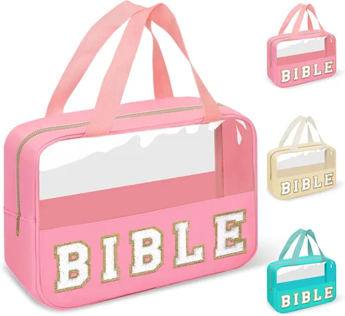 Miniatura 22 de izuzta Bolsas de maquillaje transparentes tipo tote con letras de chenilla, bolsa de maquillaje preppy con asa, Moda