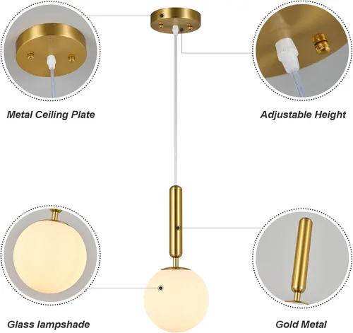 Miniatura 7 de Lámpara Colgante Moderna Accesorio de Iluminación Colgante para Isla de Cocina Luces Colgantes Doradas de Mediados de Siglo con Globo de Vidrio Oro