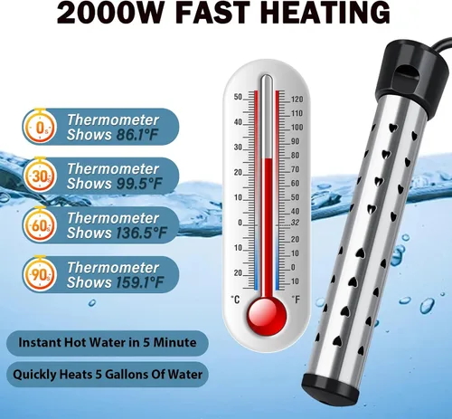 Miniatura 2 de Calentador de inmersión de 2000 W, calentador de agua eléctrico portátil, calentamiento rápido para cubos, bañeras, calentador de agua sumergible