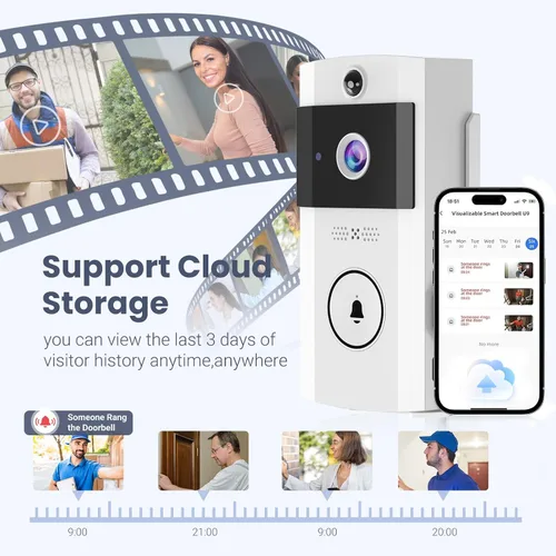 Miniatura 9 de Timbre de video inalámbrico Wi-Fi con audio bidireccional, cámara de puerta delantera al aire libre, visión nocturna y almacenamiento en la nube