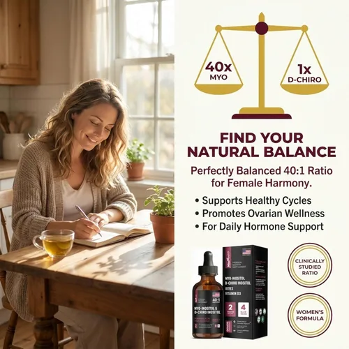 Miniatura 2 de Gotas líquidas de mio-inositol y D-Chiro inositol para mujeres, proporción 40:1, equilibrio hormonal y apoyo al ciclo, Vitex + Vitamina D3, 4 onzas