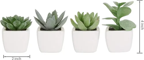 Miniatura 2 de MyGift Juego de 4 mini plantas suculentas artificiales decorativas verdes surtidas en macetas plantadoras cuadradas de cerámica esmaltada blanca