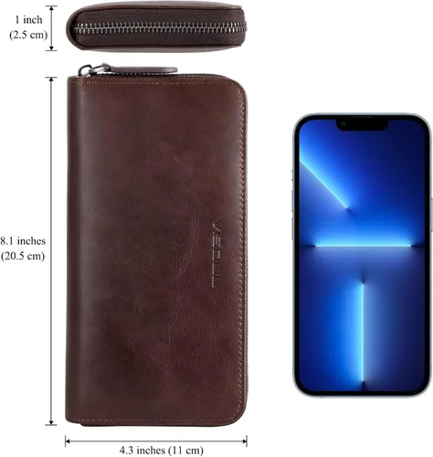 Miniatura 55 de VISOUL Cartera larga de cuero con cremallera para hombres y mujeres con bloqueo RFID, cartera larga de embrague grande con cremallera, Negro