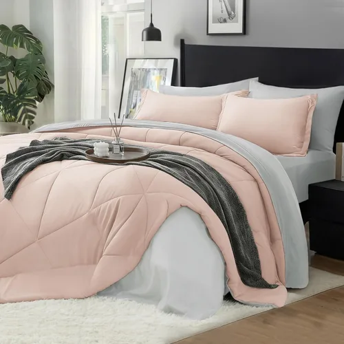 Miniatura 20 de BEDELITE Juego de edredón tamaño King de 7 piezas en una bolsa, juego de cama reversible de microfibra suave gris con edredones, sábanas, fundas
