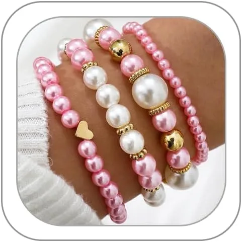 Miniatura 12 de Pulseras de perlas para mujer, pulsera de perlas de imitación con cuentas de perlas blancas, juego de pulseras elásticas apilables, pulseras
