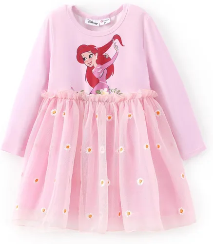Miniatura 24 de Disney Frozen Elsa Princesa Cenicienta Ariel Jazmín Rapunzel Vestido para bebé/niña, Vestido de manga larga con volantes y superposición de malla