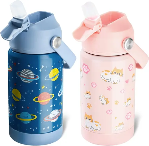 Miniatura 11 de Kerilyn - Botella de agua para niños, de acero inoxidable, con pajilla a prueba de fugas, con aislamiento térmico, libre de bisfenol A, unisex